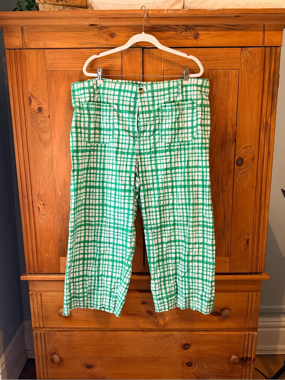 Maeve Green and White Plaid Cropped Wide-Leg Capris
